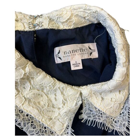 NWT NANETTE LEPORE Navy Cream Sleeveless Lace Collar Babydoll Shift Twee Dress 8 - Picture 10 of 10